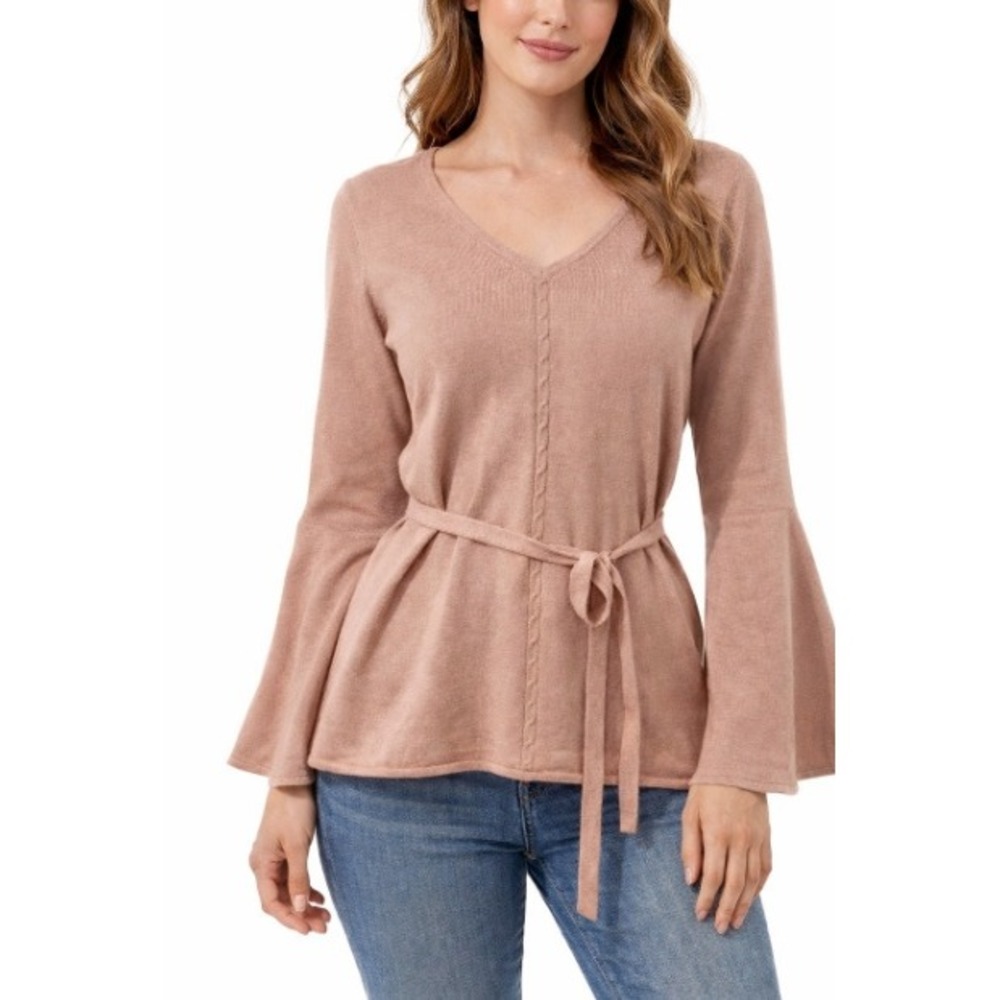 BCBGMaxAzria Pink Mauve V Neck Belted Wool‎ Blend Flare Sleeve Sweater Medium